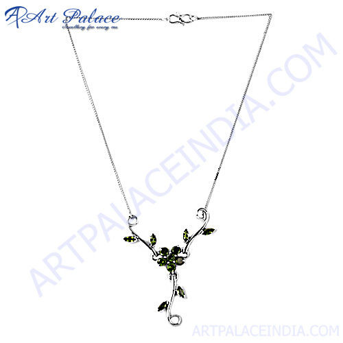 Designer Flower With Peridot Gemstone Silver Necklace