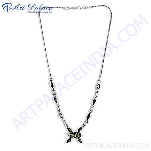 Designer Flower Peridot Silver Necklace