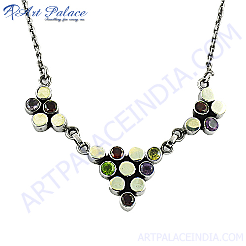 Fashionable Multi Stone Silver Necklace