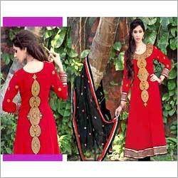 Designer Anarkali Salwar Kameez - Georgette, Full Sleeves, Red Color | Embroidered Pattern, Washable, Skin Friendly, Soft Texture