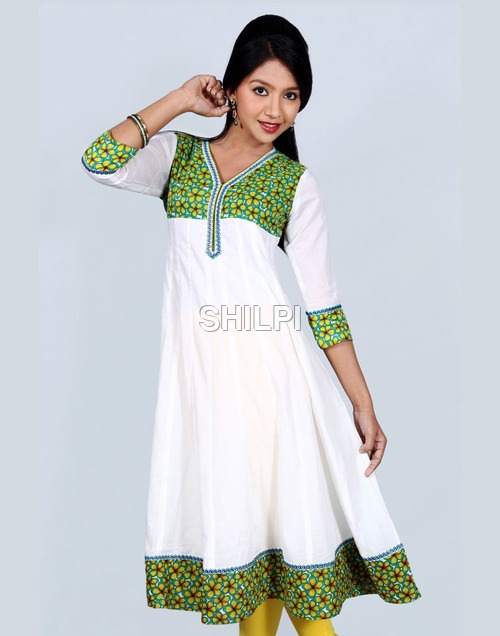 Cotton Voil Anarkali Kurta - Cotton, Standard Size, White with Floral Print Yolk and Border | Lightweight, Quick Dry, Washable