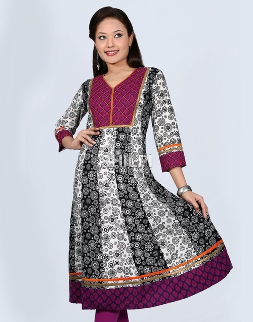 White Printed Anarkali Kurta - Cotton, Standard Size, White with Purple Printed Yolk and Border | Light in Weight, Quick Dry, Washable