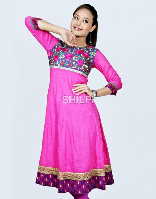 Pink Cotton Anarkali Kurta - Size: Standard | Features: Lightweight, Quick-Dry, Washable, Embroidered Yolk, Printed Pattern, Ideal for Female Use