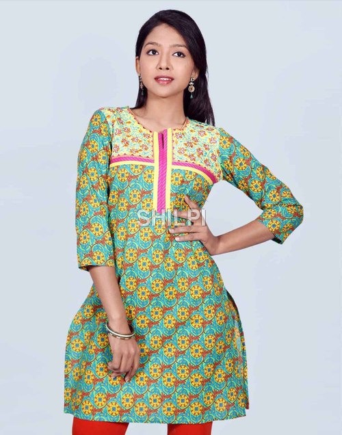 Floral Printed Kurta - Cotton, Standard Size, Green | Lightweight, Quick Dry, Washable with Embroidered Yolk Design