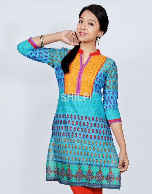 Cotton Kurta with Sun Yellow Yolk - Cotton, Standard Size, Sky Blue Color | Light in Weight, Quick Dry, Washable, Printed Texture for Female Use