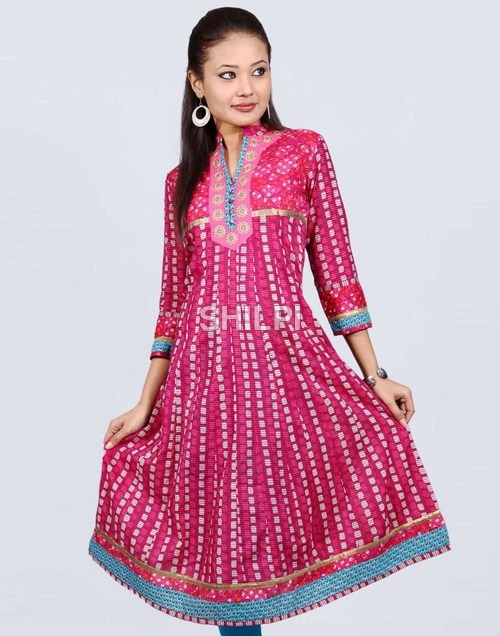 Cotton Anarkali with Embroidered Neckline Kurti - Standard Size, Printed Pink Cotton | Light in Weight, Washable, Quick Dry