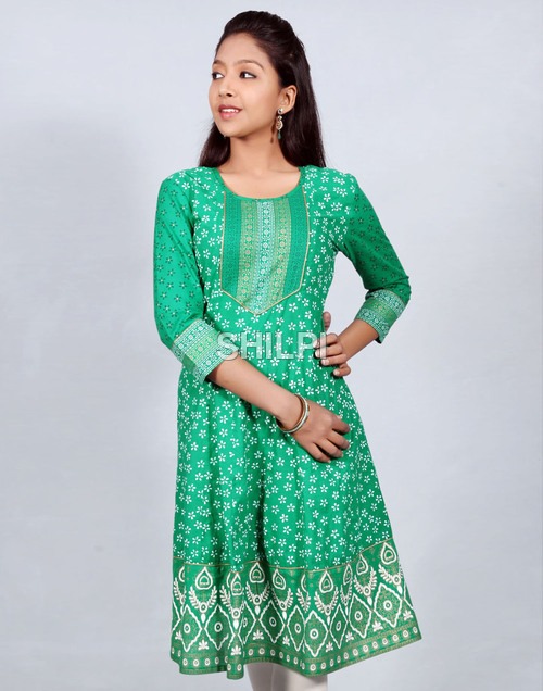 Cotton Anarkali Kurta - Cotton, Standard Size, Green Color | Printed Texture, Washable, Quick Dry, Light in Weight for Female Use