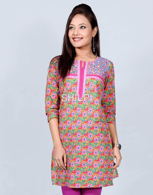 Cotton Kurta with Embroidered Yolk - Multicolor Printed Cotton, Standard Size | Lightweight, Quick Dry, Washable for Female Use
