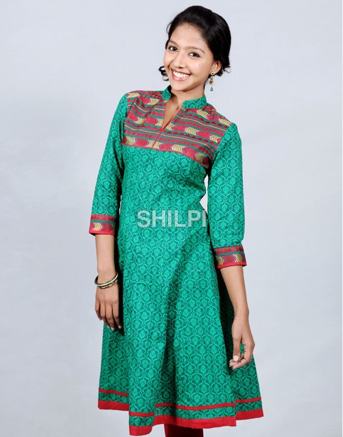 Green Anarkali Kurta - Cotton, Standard Size, Emerald Green Color with Embroidered Yolk | Light in Weight, Washable, Quick Dry, Printed Texture