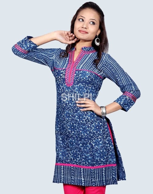 Indigo Blue Cotton Kurta - Standard Size, Pink Embroidered Neckline | Light in Weight, Quick Dry, Washable, Printed Texture