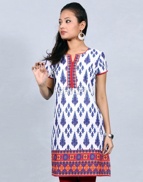 White Printed Cotton Kurta - Standard Size, White and Blue Color | Lightweight, Quick Dry, Washable Fabric with Bright Neckline
