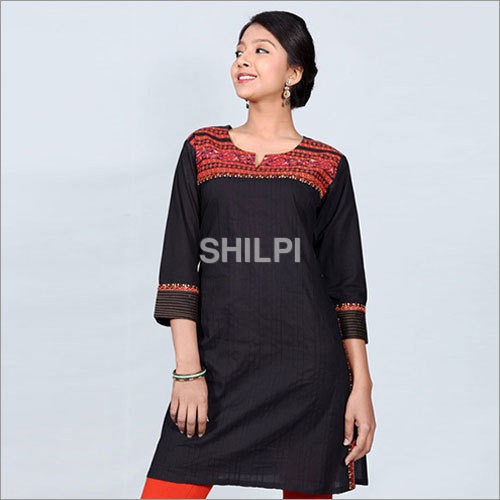 Black Cotton Kurta - Cotton, Standard Size, Black Color | Lightweight, Quick Dry, Washable, with Printed Yolk and Embroidery on Yolk and Sleeves