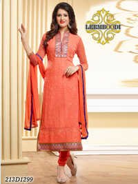 Designer Chudidar Suits - Soft Silk, 54 Inches, Peach | Elegant Design, Hand Embroidery, Comfortable Wear, Customizable Size