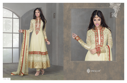 Exclusive Designer Suits - Silk Blend Size S-XL Off-white 54 Inches Length - Handcrafted Embroidery Colorfast Comfortable Wear Elegant Design Stylish Look