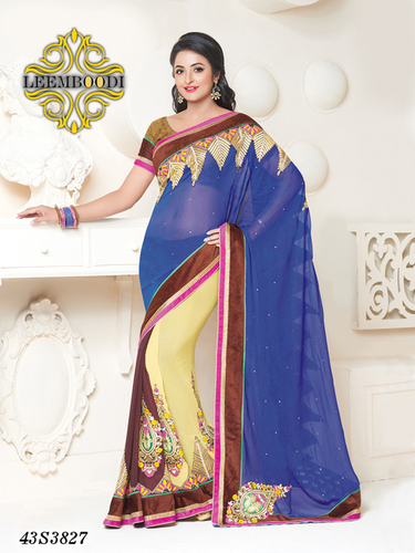 Ladies Classic Sarees - Silk Chiffon, 5.5 Meters, Blue | Embroidery, Elegant Design, Soft Fabric, Party Wear