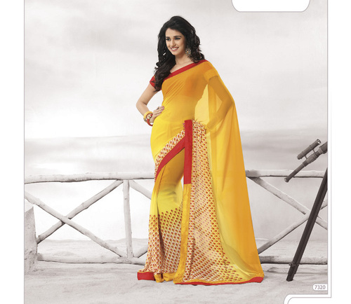 Designer Yellow Colour Sarees - Chiffon 5.5 Meters Yellow Printed Stone Embellished | Lightweight Elegant Smooth Texture Shrink Resistant Tear Resistant