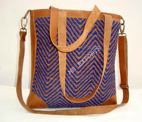 Printed Jute Bags - Jute & Leather Material, Custom Sizes and Designs, Brown & Blue Color Combinations | Spacious, Moisture Proof, Shoulder Length Handle, Easy to Clean