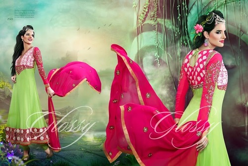 Glossy - Georgette Top, Santoon Bottom, Nazneen Dupatta, Green | Embroidered, Elegant Fit, Stylish Drape