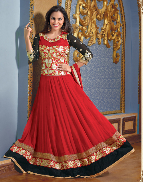 Anarkali Salwar Kameez - Georgette, Santoon, Chiffon, Red | Embroidered, Party Wear, Traditional, Comfortable Fit