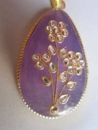 Gold Plated Chalcedony Pendant - 184 Cts, Beautiful Violet Pear Stone With Minakari Detailing