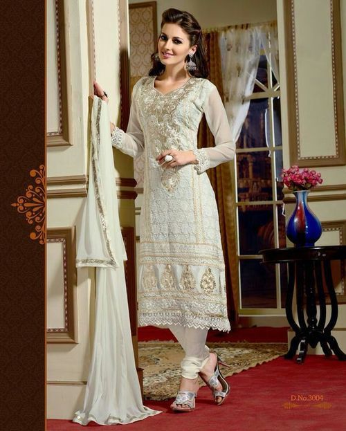 White Georgette Long Anarkali Salwar Suits