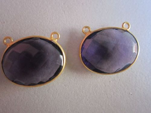 Natural Amethyst Quartz Oval Connectors - 18K Gold Plated, 2 Loop Design | 15x19mm Purple Natural Stones, Set of 2