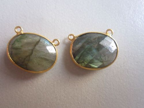 Natural Labradorite Oval Connectors - 18K Gold Plated, 2 Loop Design with Gray Natural Stone | 2 Pieces, Dimensions 15x19mm