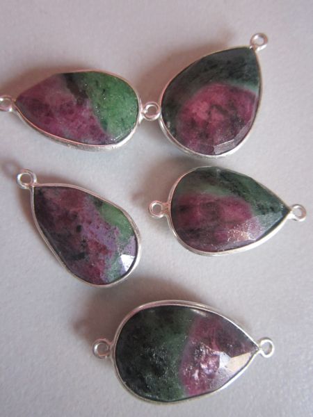 Green And Maroon Natural  Ruby Zosite Pear Sterling Silver 5 Pcs Connectors