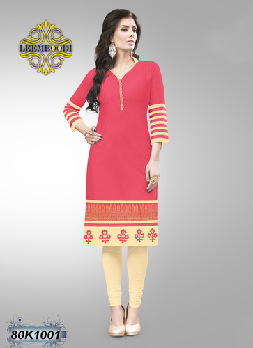 Ladies Cotton Kurtis - Cotton, 44 Inch, Pink | Soft Cotton, Stylish V-Neck, Printed, Comfortable Fit, 3/4 Sleeves