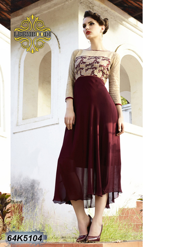 Full Sleeveless Kurtis - Polyester, Knee-Length, Maroon | Stylish, Comfortable, Elegant, Embroidered, Three-Quarter Sleeve