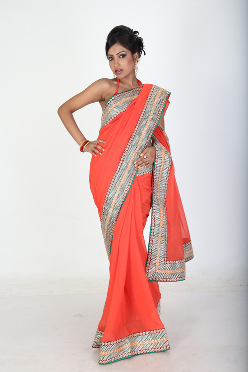 Chiffon Sarees - 5.5 Meters Length, 1.2 Meters Width, Orange Color | Embroidered Border, Lightweight Fabric, Elegant Drape, Stylish Design, Comfortable Wear