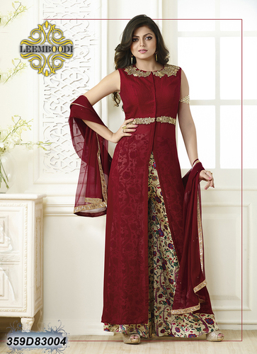 Anarkali Suits - Maroon Net, 54 Inches, Sleeveless | Floral Embroidered, Printed Bottom, Elegant Design, Shrink Resistant