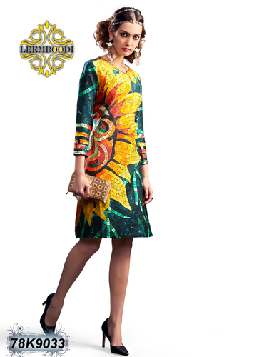 Designer Exclusive Kurtis - Silk, Knee-Length, Yellow | Stylish Design, Comfortable Fit, Round Neck, Three-Quarter Sleeves, Printed Pattern