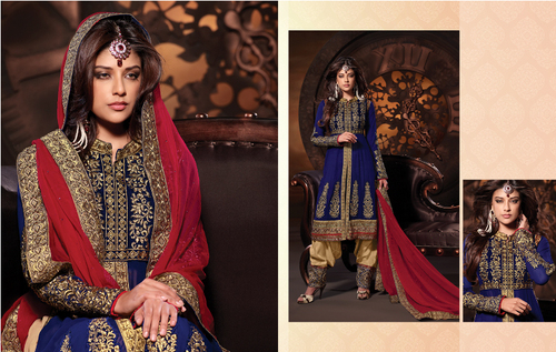 Elegant Blue Embroidered Dress Material - Georgette Top, Shantoon Bottom, Shiffon Dupatta | Zari & Pita Work, Elegant Design