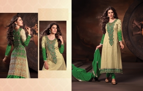 Indian Ladies Suits - Jacquard Top, Shiffon Dupatta, Shantoon Chudidar, Green | Lace & Resham Work, Elegant Design, Comfortable Fit