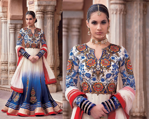 Blue & White Embroidered Anarkali Suit
