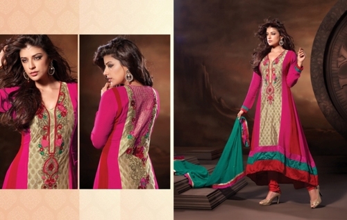 Ethnic Suits - Jacquard Top, Shantoon Chudidar, Pink, Shiffon Dupatta | Lace, Multi & Resham Work, Elegant Design, Comfortable Fit