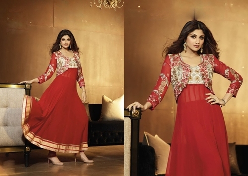 Fancy Churidar Suits - Georgette Top Shantoon Bottom Red Shiffon Dupatta | Lace & Multi Resham Work Elegant Design Matching Dupatta