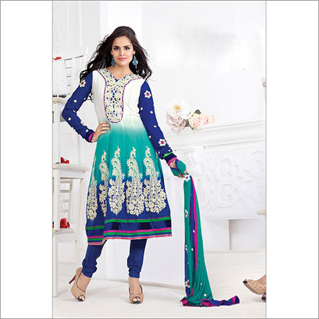 Designer Indian Salwar Kameez - Georgette Top, Shantoon Chudidar, White Shiffon Dupatta | Lace, Multi & Resham Work, Elegant Design, Comfortable Wear