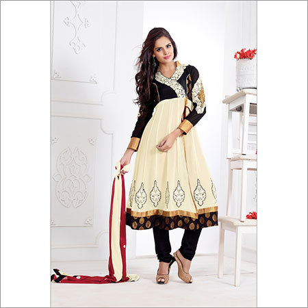 Printed Designer Suits - Georgette Top, Shiffon Dupatta, Shantoon Chudidar, Off-White, Lace & Resham Work, Elegant Design