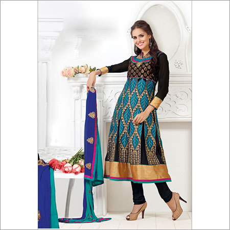 Prints Ladies Suits - Georgett Top, Shiffon Dupatta, Shantoon Chudidar, Teal | Lace & Resham Work, Elegant Design, Matching Dupatta