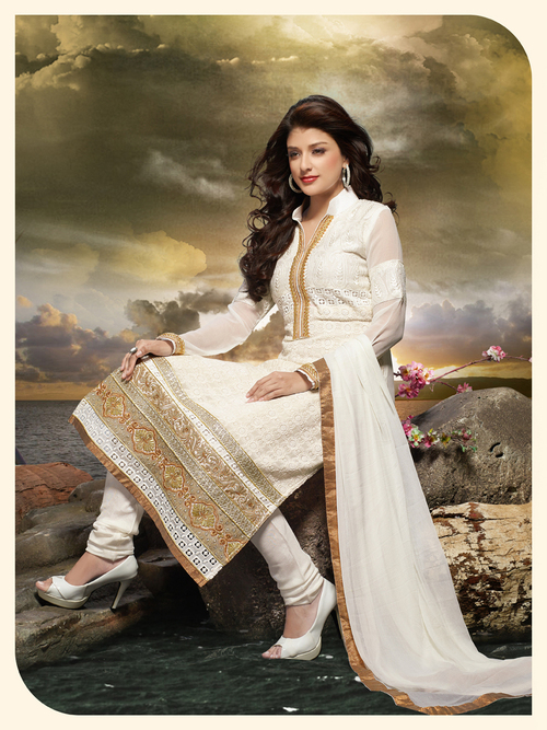 Karachi Shiffli Work Suit - Pure Bemberg Fabric, Size 42, White, Shantoon Bottom, Chiffon Dupatta, Stone & Jari Embroidery, Heavy Lace Border, Full Sleeves, Patch Work Design