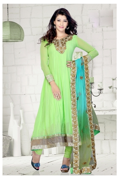 Exclusive Suits - Georgett Top, Shiffon Dupatta, Shantoon Chudidar, Light Green | Lace, Multi, Resham Work, Elegant Design, Comfortable Fit