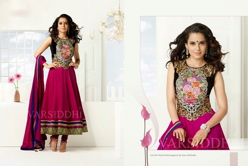 Ladies Suits - Georgette Top, Shantoon Chudidar, Pink, Shiffon Dupatta | Lace, Resham, Stone Work, Elegant Design, Comfortable Fit