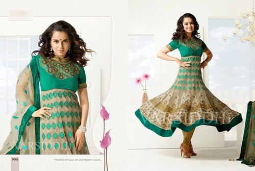 Indian Suits - Georgette Top, Shiffon Dupatta, Shantoon Chudidar, Green, Lace Resham Stone Work, Elegant Design