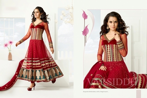 Suits Dress Materials - Georgette Top, Shantoon Chudidar, Shiffon Dupatta, 54 Inch Length | Lace, Resham, Stone Work, Matching Dupatta, Free Size