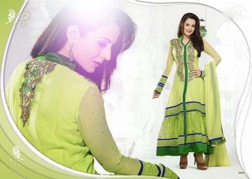 Salwar Kameez Suits - Georgette Top, Shantoon Chudidar, Green, Shiffon Dupatta | Zari & Pita Work, Elegant Design, Comfortable Fit