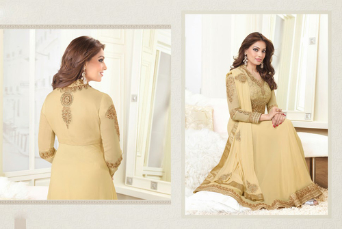 Anarkali Designer Suits - Georgette Top, Shantoon Chudidar, Beige, Shiffon Dupatta | Lace, Resham, Stone Embroidery, Matching Dupatta, Floor Length