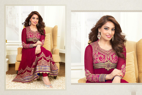 Anarkali Dress Materials - Georgette Top, Shiffon Dupatta, Shantoon Chudidar, Maroon | Lace, Resham, Stone Embroidery, Elegant Design, Floor-Length