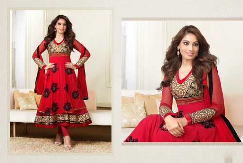 Fancy Salwar Suits - Georgette Top, Shantoon Chudidar, Red, Shiffon Dupatta | Lace, Resham, Stone Work, Matching Dupatta, Elegant Anarkali Style